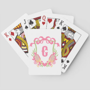 Pink & Green Pickleball Paddles Monogram Crest Playing Cards