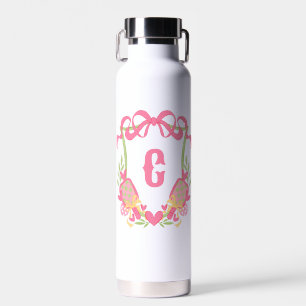 Pink & Green Pickleball Paddles Monogram Crest Water Bottle