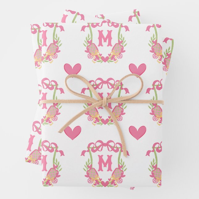 Pink & Green Pickleball Paddles Monogram Crest Wrapping Paper Sheet (In situ)