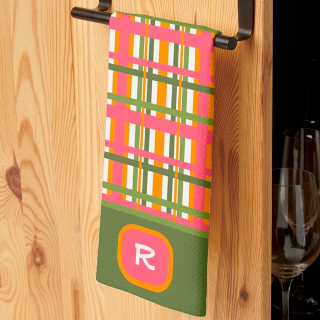 Pink Green Plaid Chic Monogram Initial  Tea Towel (Creator Uploaded)