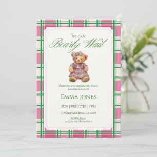 Pink green plaid We Can Bearly Wait baby shower Invitation