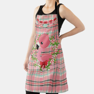 PINK & GREEN PLAID WITH PINK FLAMINGOS & ORNAMENTS APRON