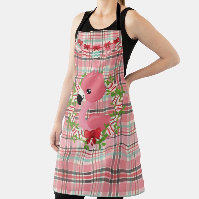 PINK & GREEN PLAID WITH PINK FLAMINGOS & ORNAMENTS APRON (Insitu)
