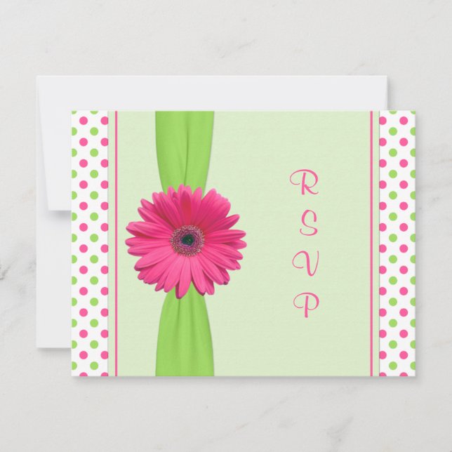 Pink Green Polka Dot Daisy Bat Mitzvah Reply Card (Front)