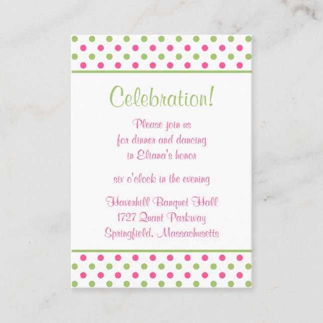 Pink Green Polka Dots Bat Mitzvah Reception Card (Front)