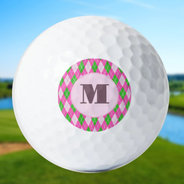 Pink Green preppy argyle custom monogram ladies Golf Balls (Creator Uploaded)