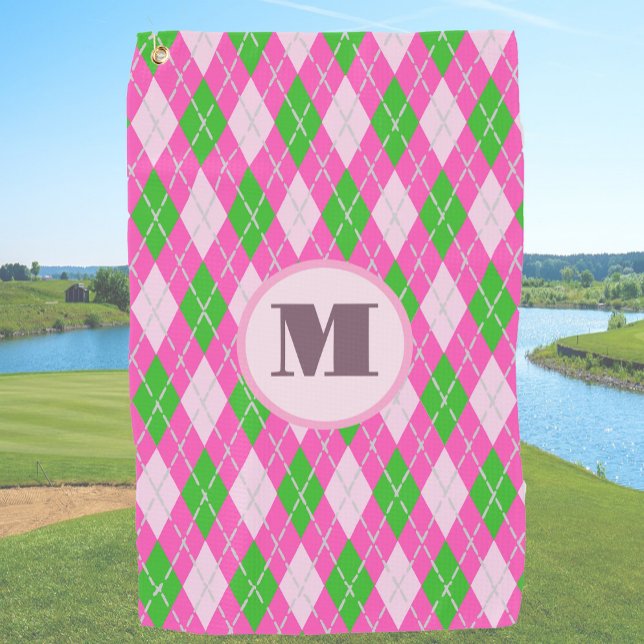 Pink Green preppy argyle custom monogram ladies Golf Towel (Creator Uploaded)