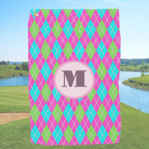Pink green preppy argyle custom monogram ladies golf towel