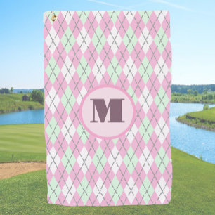 Pink green preppy argyle custom monogram ladies golf towel