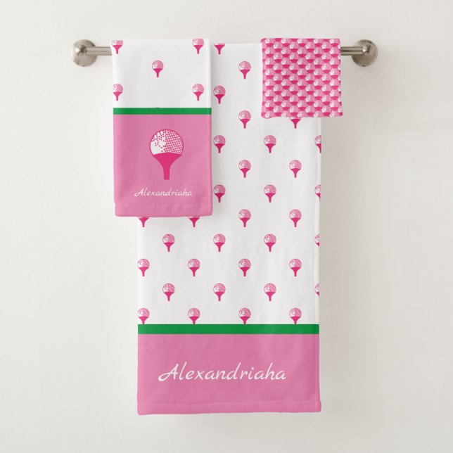 Pink Green Preppy monogrammed golf-themed Bath Towel Set (Insitu)