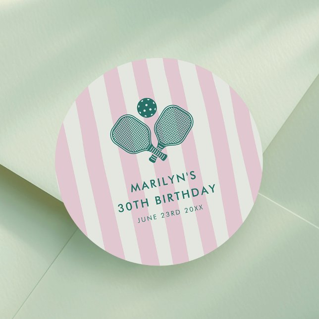 Pink Green Preppy Pickleball Birthday Party Classic Round Sticker (preppy pickleball birthday party stickers)