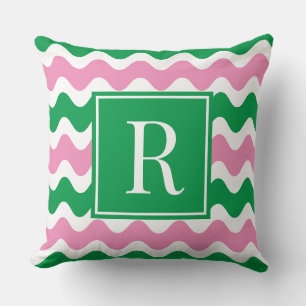 Pink & Green Preppy Ric Rac Stripe Monogram Cushion