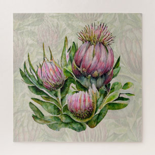 Pink & Green Protea Flowers Pattern Jigsaw Puzzle