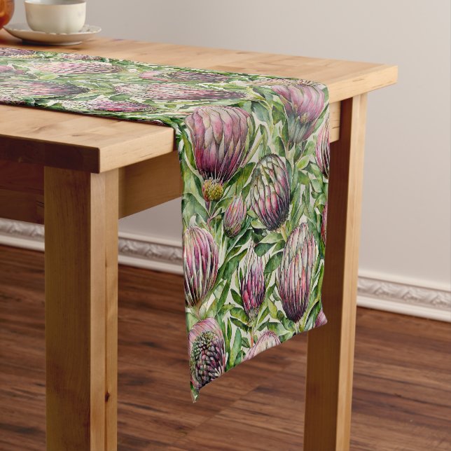 Pink & Green Protea Flowers Pattern Short Table Runner (In Situ)