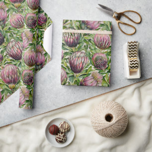 Pink & Green Protea Flowers Pattern Wrapping Paper