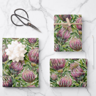 Pink & Green Protea Flowers Pattern Wrapping Paper Sheet