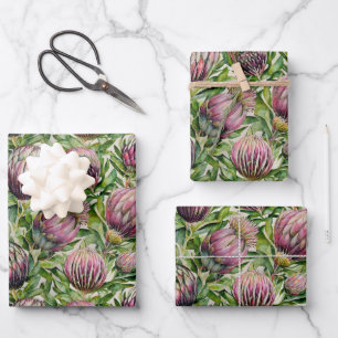 Pink & Green Protea Flowers Pattern Wrapping Paper Sheet