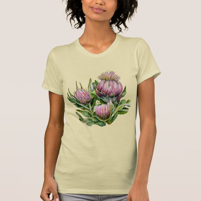 Pink & Green Protea Flowers T-Shirt (Front)