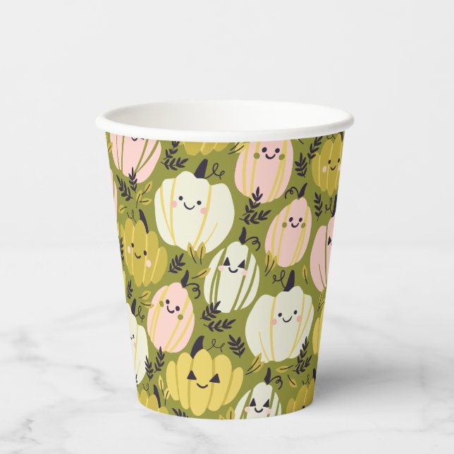 Pink & Green Pumpkins Disposable Cups (Front)
