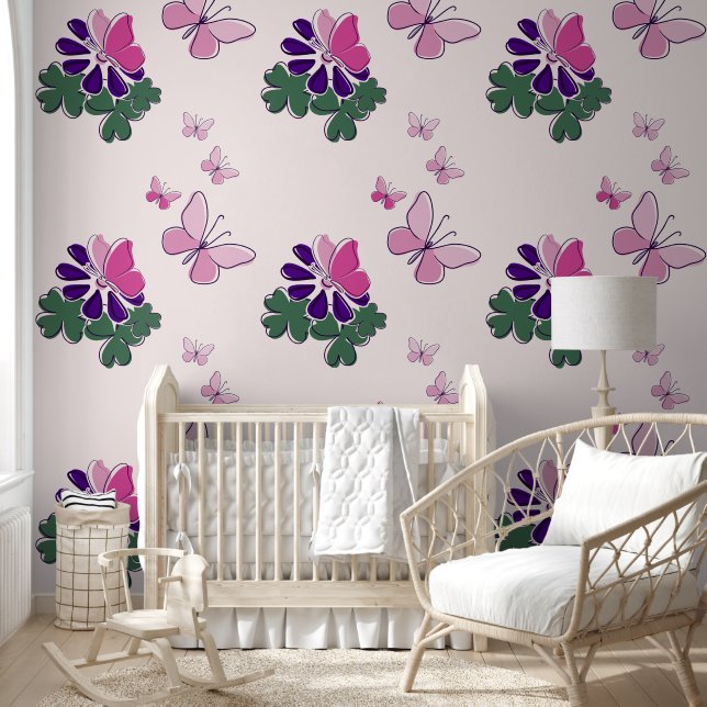 Pink Green Purple Doodle Blooms Butterflies Accent Wallpaper (Kids)