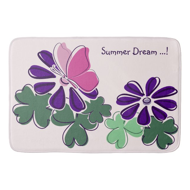 Pink Green Purple Doodle Blooms Butterflies Slogan Bath Mat (Front)