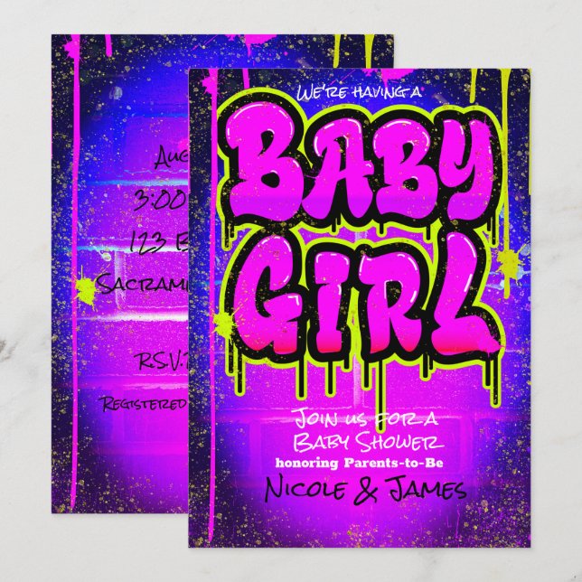 Pink Green Purple Paint Dripping Baby Shower Girl Invitation (Front/Back)