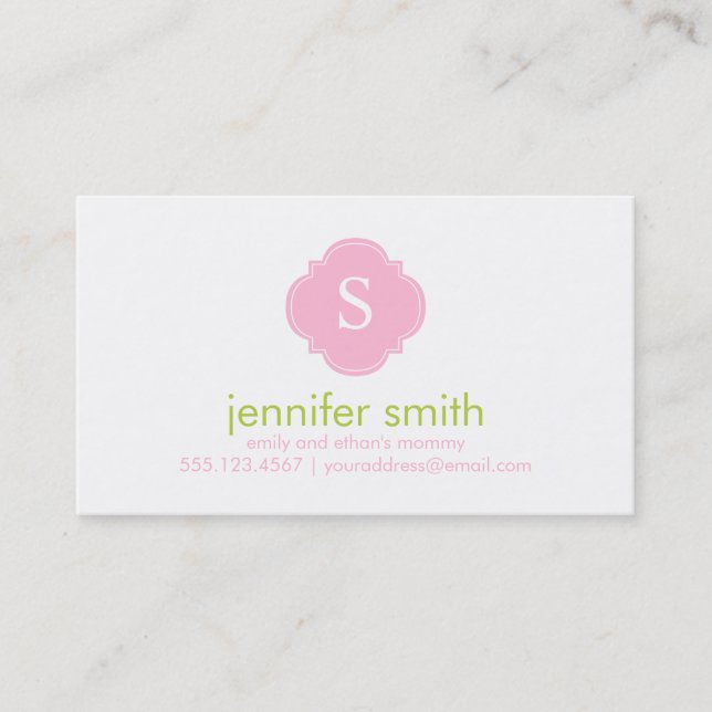 Pink Green Quatrefoil Monogram Stripes Pattern Calling Card (Front)
