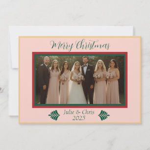 Pink, Green, Red and Gold, modern, wedding Holiday Card