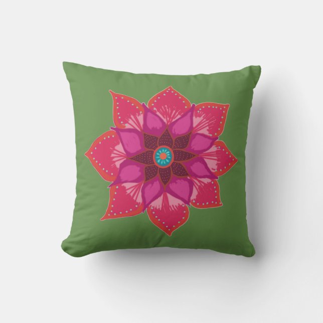 Pink Green Red Red Mandala flower Throw Cushion (Front)