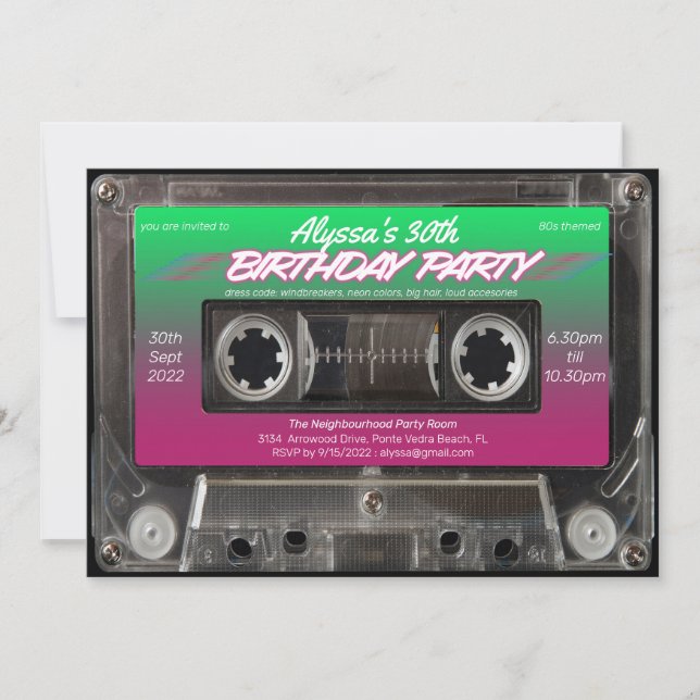 Pink Green Retro 80s Neon Cassette Birthday Party Invitation (Front)