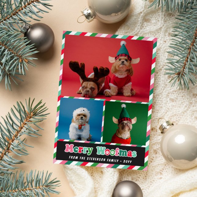 Pink Green Retro Merry Woofmas Photo Collage Holiday Card (Creator Uploaded)