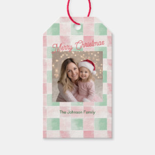 Pink Green Retro Pattern Photo Christmas Gift Tags