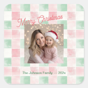 Pink Green Retro Photo Christmas Square Sticker