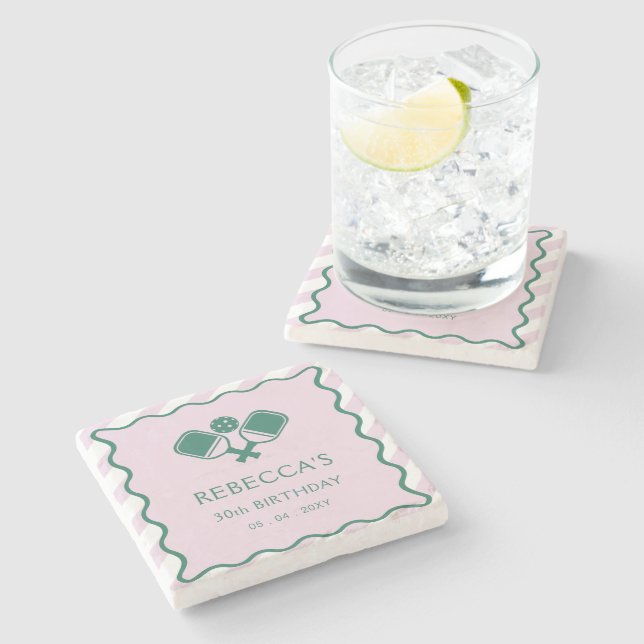 Pink Green Retro Pickleball 30th Birthday Stone Coaster (Side)
