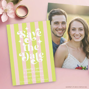 Pink Green Retro Typography Wedding Save The Date Announcement