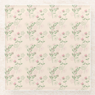 Pink Green Retro Y2K 70s Flower Pattern Glass Coaster