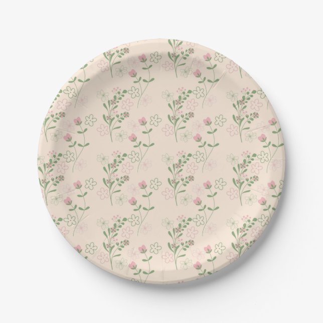 Pink Green Retro Y2K 70s Flower Pattern Paper Plate (Front)