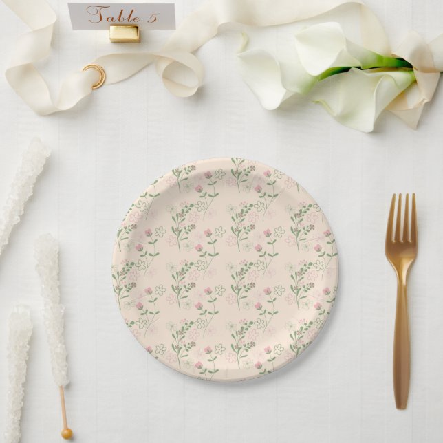 Pink Green Retro Y2K 70s Flower Pattern Paper Plate (Wedding)
