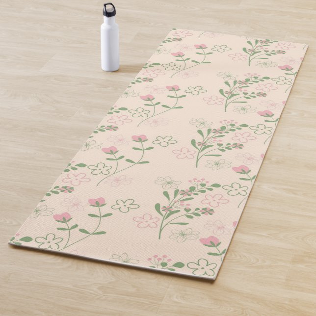Pink Green Retro Y2K 70s Flower Pattern Yoga Mat (In Situ)