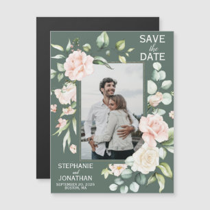 Pink Green Rose Floral Photo Save the Date Magnets