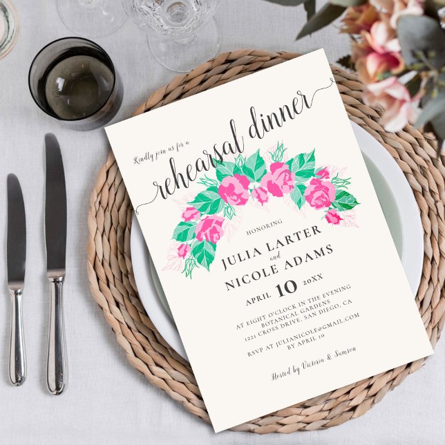 Pink Green Rose Flowers Garden Rehearsal Dinner Invitation (Creator Uploaded)