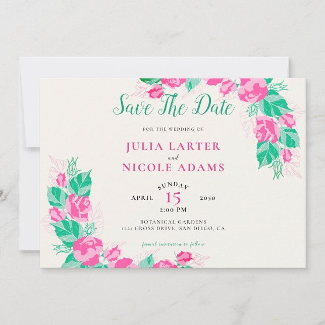 Pink Green Rose Petals Flowers Garden Wedding Save The Date (Front)