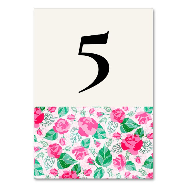 Pink Green Rose Petals Flowers Garden Wedding Table Number (Front)