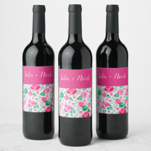Pink Green Rose Petals Flowers Garden Wedding Wine Label