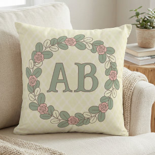 Pink Green Rose Wreath Monogram Throw Pillow