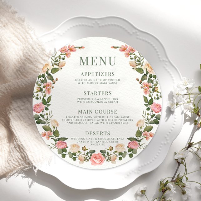 Pink green roses floral round Menu Card Plate (Creator Uploaded)