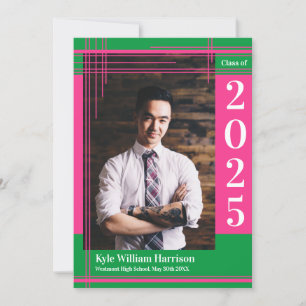 Pink Green School Colour Graduation Photo Plaid Invitation