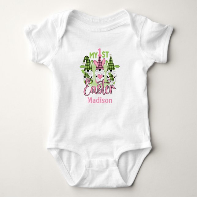 Pink Green Spring Easter Gnomes My First Easter Baby Bodysuit (Front)