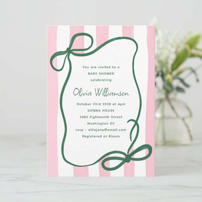 Pink Green Striped Bow Cute Baby Shower Whimsical Invitation (Standing Front)