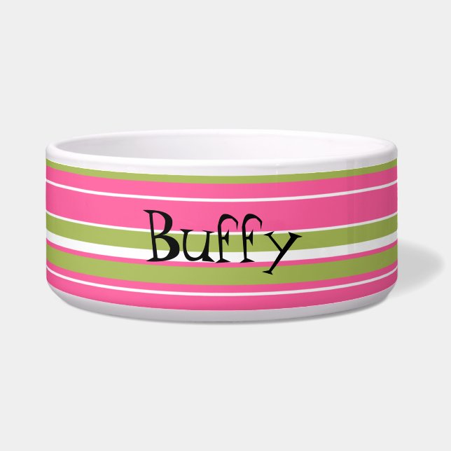 Pink & Green Striped Custom Dog Bowl (Front)
